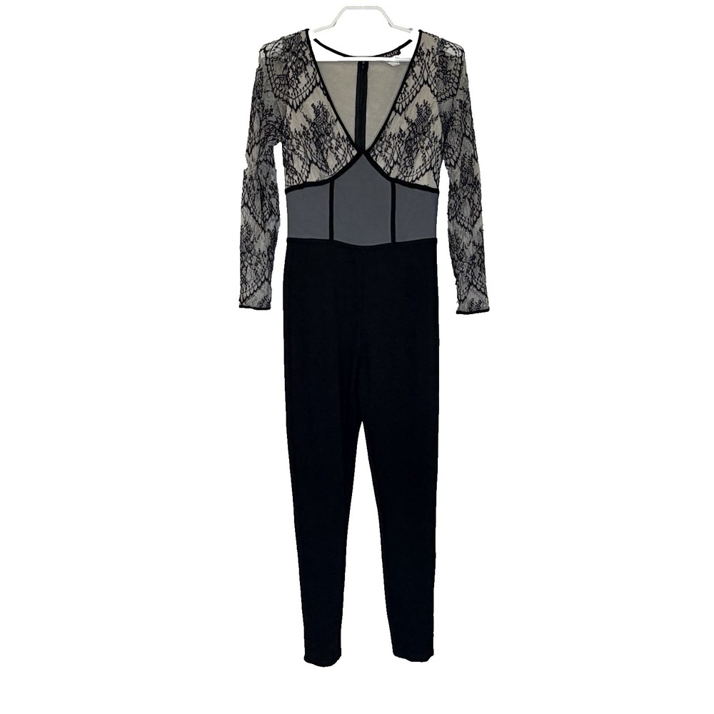 Venus Jumpsuit Womens Sz 8 Black Gray Off White Lace Overlay V-Neck Whimsigoth